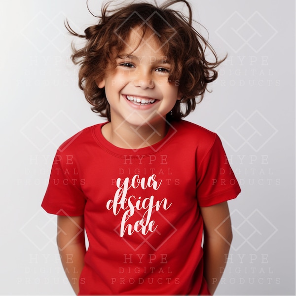 Bella Canvas 3001Y Red Color Shirt Mockup, Boy Red Color T-shirt Mockup Kid t shirt model, Boy Model Mock up