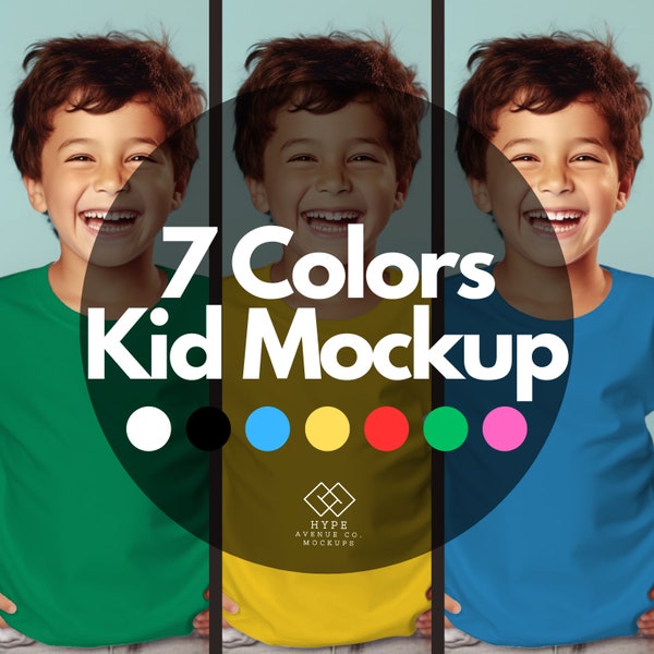 Boy T-shirt Mockups Bundle Kid t shirt model, 7 Basic Colors Shirt Mockups, Bella Canvas 3001Y, Gildan 5000B Youth Model Mock up