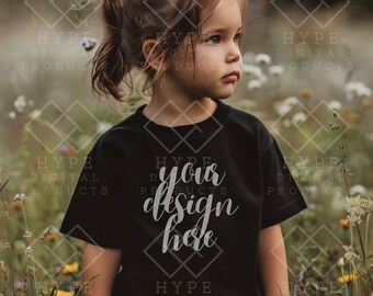 Maquette de chemise de couleur noire Bella Canvas Girl 3001T, maquette de t-shirt de couleur noire Modèle de t-shirt pour enfant, modèle pour toute-petite fille printemps