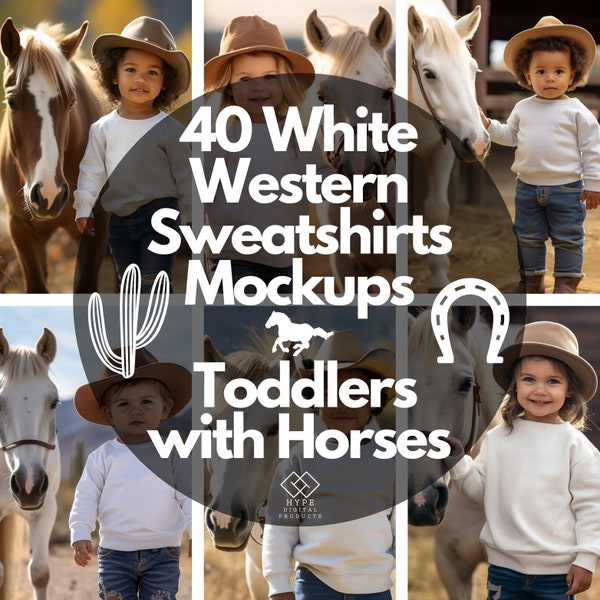 40 White Western Sweatshirts Mockups, Toddlers with Horses, Girls and Boys Sweatshirts Mocks, Cowboy Long Sleeves Shirt Mock-ups