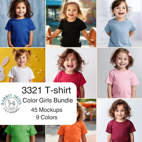 Rabbit Skins Color Girls Shirt Mockup, Toddler t shirt model, Rabit Skins 3321 9 Colors  Mock up, 45 Colour Kids Tees Mock-ups Bundle