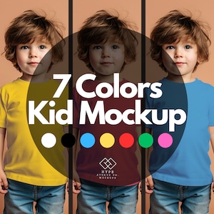 May include: A child wearing a yellow, red, and blue t-shirt, showcasing a mockup design. The image includes the text "7 Colors Kid Mockup" with a color palette. The background is a solid tan color.