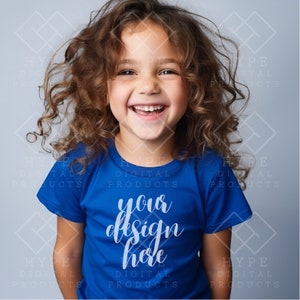 Bella Canvas 3001Y Blue Color Shirt Mockup, Girl True Royal Color T-shirt Mockup Kid t shirt model, Girl Model Mock up