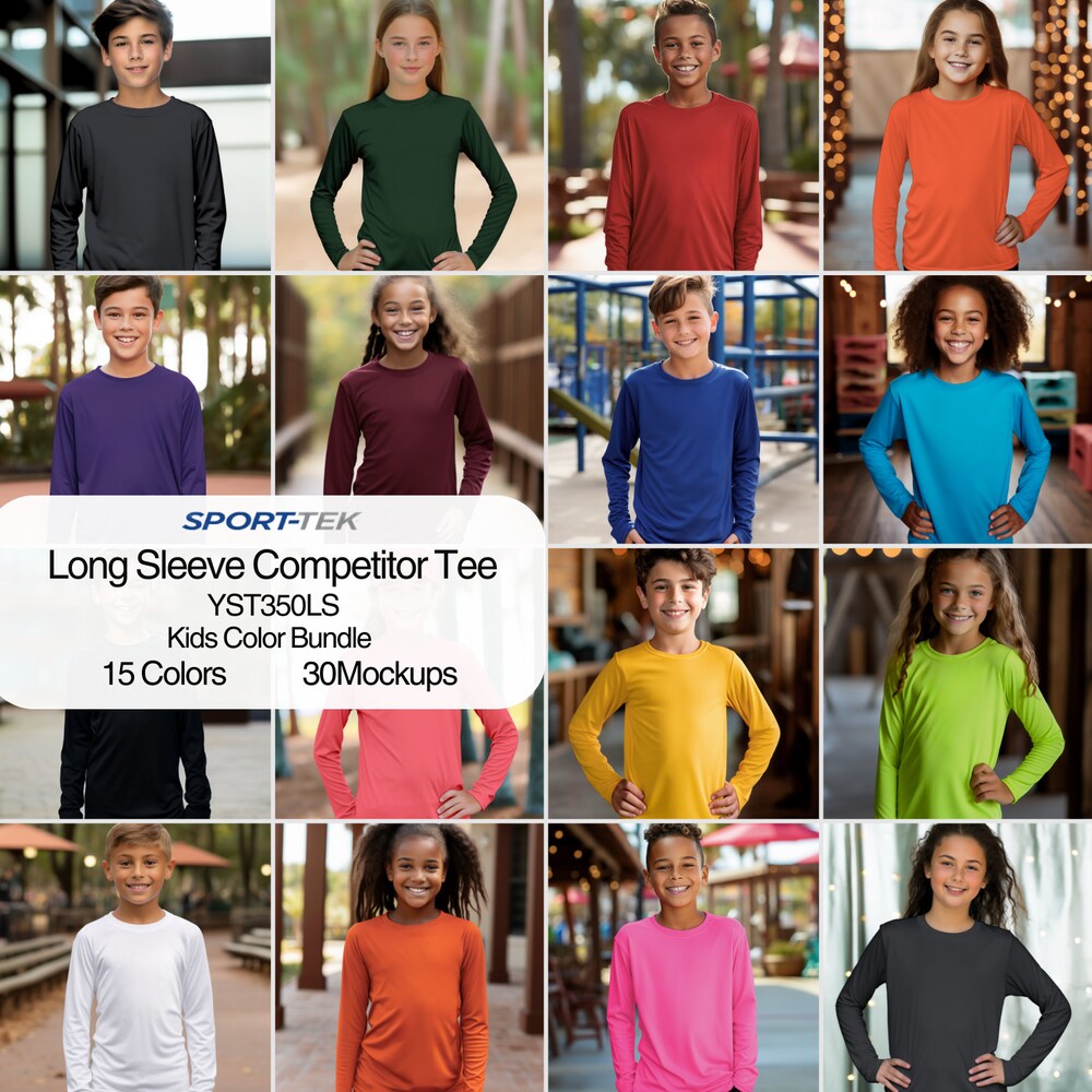 Kids Long Sleeve Mockups | Long Sleeve Sport-Tek Color Mock-Ups | Boy And Girl Youth Long Sleeve Competitor Tee Sport-Tek Yst350Ls Coulor Mock Teeplaza Design