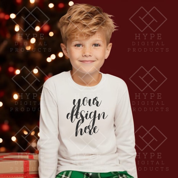 White Youth Long Sleeve Holiday Outfit Set Mockup | Christmas Sweatshirt with Pants Boys Mockups | Supasoft Apparel Mock-up | Xmas gift Kids