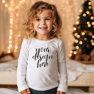 X-mas White Long Sleeve Tee Mockup toddler girl model, Rabbit Skins 3302, Christmas Model Mock up, White 3302 Rabbit Skin kids tee mock Girl