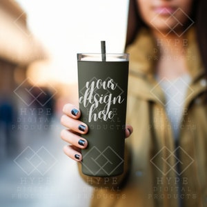 Skinny Tumbler Mockup, 20oz met rietje, Pine Needle Color, POD Maars Tumbler, Print on Demand, Gepersonaliseerde Gift Mockup