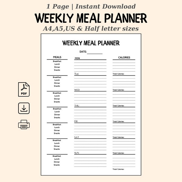 Weekly Meal Planner Printable, 7 Day Menu Planner, Meal Prep Planner, Food Planner, Health & Fitness, A4/A5/Letter/Half Size