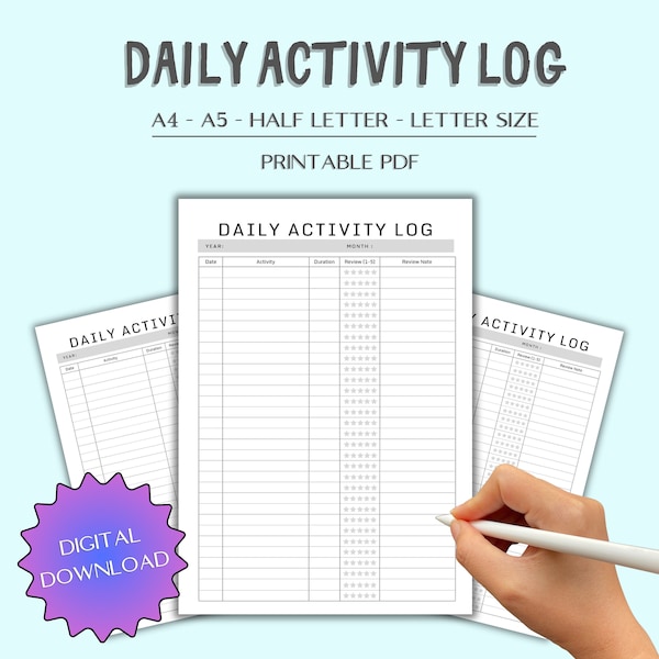 Daily Activities Log | Digital Download | Time Log and Tracker | Activity Tracker for Work | A4, A5, Half Letter, US Letter