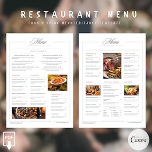 Plantilla de menú de restaurante, plantilla de menú editable, menú minimalista, lista de precios de plantilla de menú editable menú imprimible mínimo, descarga de menú