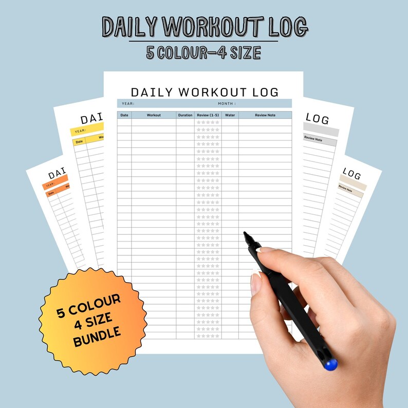 Daily workout log printable template 5 colour bundle exercise tracker