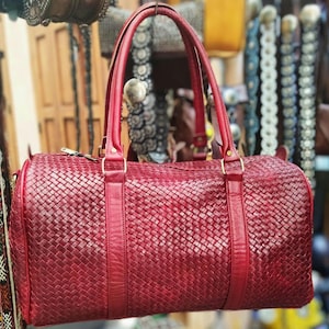 DUFFEL BAG Luxurious Full Light RED - Grain Leather Gym Bag - Moroccan Elegant Weekender Overnight Duffel - Unisex Gift for Him or Her&quot;