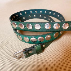 GREEN Premium Studded Full Grain Leather Belt Hand Made Spiked – Edgy Punk Rock , Vegan Leather belt, Stylish Hobo Belt for men and Women