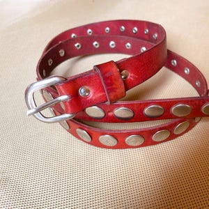 RED Premium Studded Full Grain Leather Belt Hand Made Spiked – Edgy Punk Rock , Vegan Leather belt, Stylish Hobo Belt for men and Women