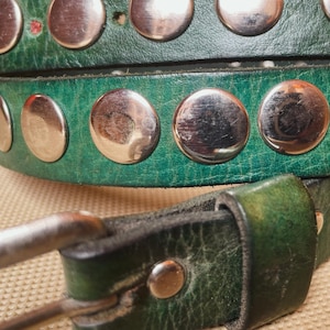 GREEN Premium Studded Full Grain Leather Belt Hand Made Spiked – Edgy Punk Rock , Vegan Leather belt, Stylish Hobo Belt for men and Women