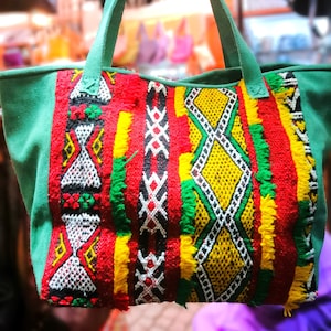 Stylish weekender bag, made in Morocco, crossbody bag Handmade Kilim Shoulder Bag, Green fleece Carpet Bag Handles for Women, gift for her,