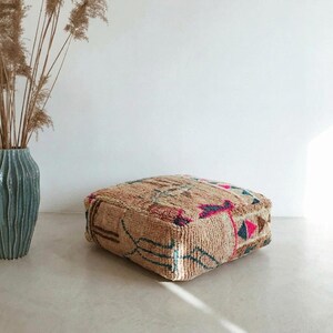 Dusty Tan & Neon Pink Shag Pouf Cover, Vintage Wool Moroccan Berber Floor Cushion with Tribal Triangles - UNSTUFFED