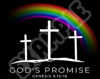 May include: A black background with a rainbow arching over three white crosses. The text "GOD'S PROMISE" is below the crosses, with the scripture reference "GENESIS 9:13-16" below the text.