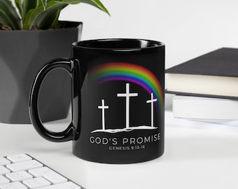 God's Promise, Rainbow shows God's Love, Jesus Love, Christian Cross, beautiful colors, comfortable, Genesis 9:13 Black Glossy Mug