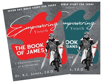 May include: Two books titled "Empowering Youth" for teens. The first book, "The Book of James," is red with white text. The second book, "Book of Romans," is teal with white text. Both books feature a knight illustration and the text "21:12."