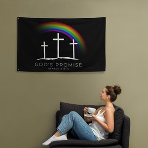 Christian Rainbow Flag, God&#39;s Promise (One sided print) Jesus Loves Everyone, Scripture flag, Decoration, Christian Gift, Christian Cross