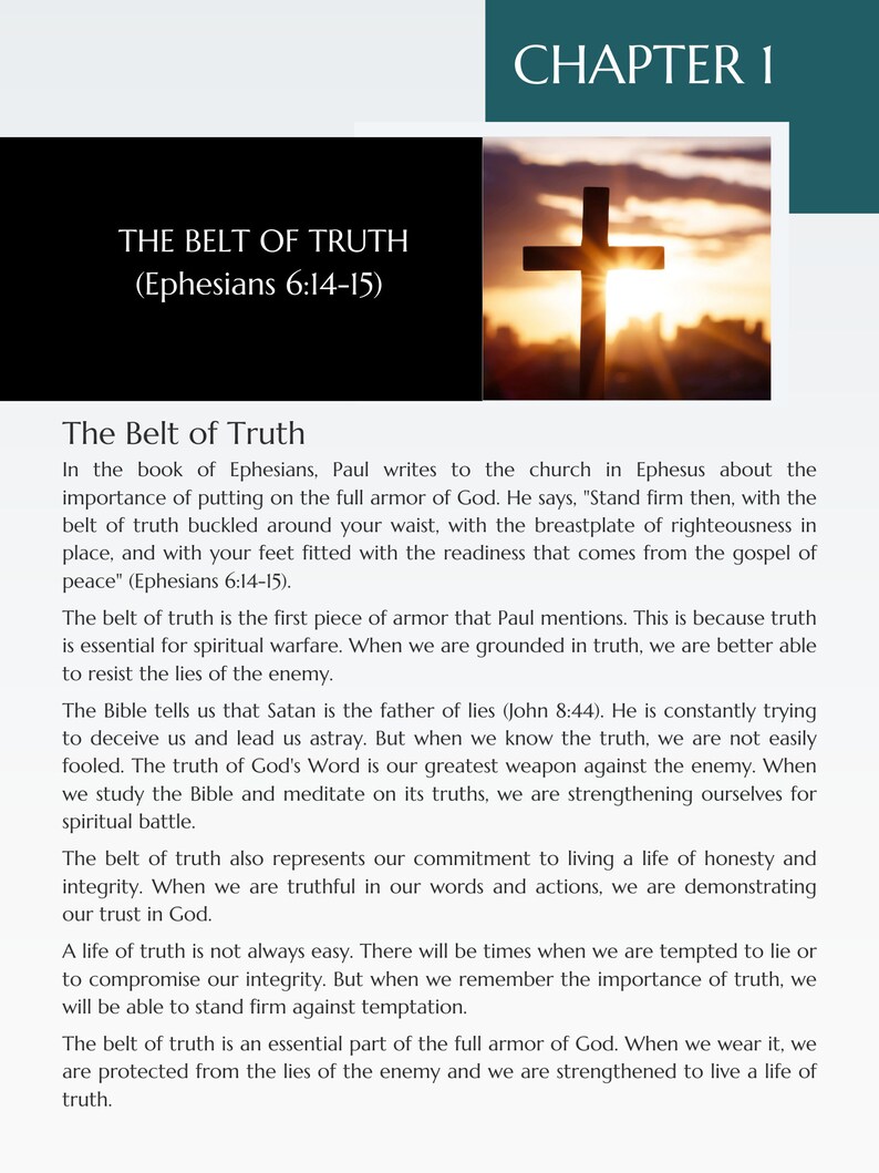 May include: A text-based image with a black and white cross in the background. The text reads "The Belt of Truth (Ephesians 6:14-15)" and discusses the importance of truth in spiritual warfare. The text also mentions that truth is essential for resisting lies and that Satan is the father of lies.