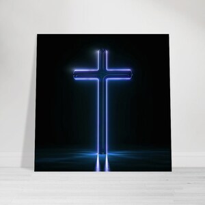 May include: A blue neon cross glowing against a black background. The cross is reflected in the dark surface below.