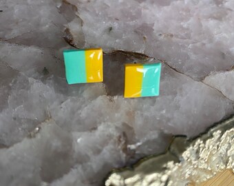 Teal and mustard square studs