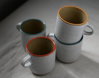 Tasses à café céramique - Grande tasse - Mug blanc à rebord coloré - Tasse en grès pyrité - Mug artisanal - Céramique artisanale