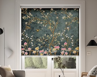 Birds Floral Blue Roller Shade for Living Room, Roller Blind Art, Printed Roller Shades, Window Shades Kitchen, Vintage Shades for Windows