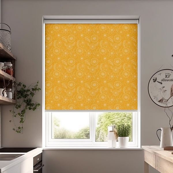 Yellow Flowers Custom Printed Blackout Roller Blinds, French Door Curtains,  Personalized Shades ,Blackout Window Shades, Linen Shades Cool