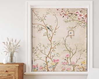 Chinoiserie Flowers and Birds Personalized Shades for French Doors, Cherry Blossom Linen Shades for Windows, Fabric Roller Shades Blackout