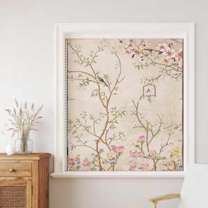 Chinoiserie Flowers and Birds Personalized Shades for French Doors, Cherry Blossom Linen Shades for Windows, Fabric Roller Shades Blackout image 1