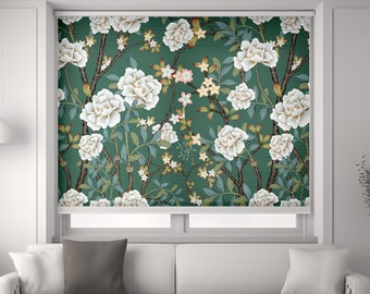 Green with White Floral Vintage Window Curtains Bedroom, Printed Roller Shade Blackout, Bathroom Window Blinds Custom, Window Treatments