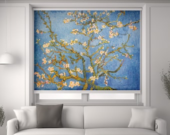 Almond Blossom With Tree Picture Curtains for Living Room , Floral  Fabric Roller Shades Blackout,  Custom Window Treatments Panels