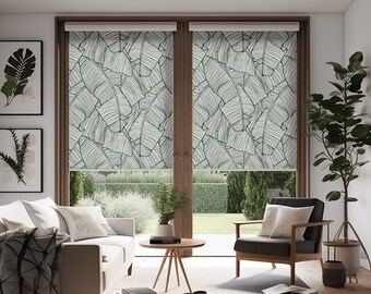 Green Banana Leaves Light Blocking Fabric Dark Patterned Custom Light Filtering Cordless Roller Shades, French Door Personalized Shades