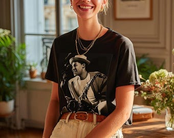 Camiseta de Dexter Gordon fumando con un saxofón, camiseta de leyenda del jazz bebop, regalo para músicos y amantes del saxofón.