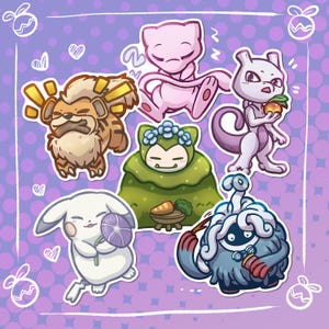 May include: A collection of six cartoon creature stickers on a purple polka dot background. The characters include a brown striped creature, a pink sleeping creature, a purple creature holding a fruit, a green creature with flowers, a white creature with a purple flower, and a blue creature with vines.