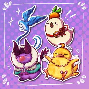 Adesivos de Minions de FFXIV - Conjunto em Aquarela I: Starbird, Tsuchinoko, Chocobo Gordo, Herdeiro de Behemoth