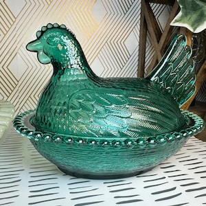 MCM Rare Vintage Indiana Glass Company Evergreen Teal Green Hen on