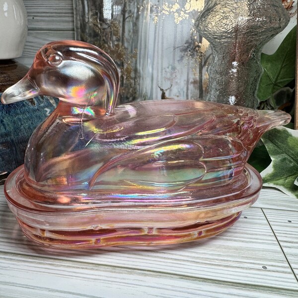 Rare MCM Vintage L.E. Smith Woodrose Lustre Pink Carnival Glass Mallard Duck Cigarette Box Covered Candy Nut Dish