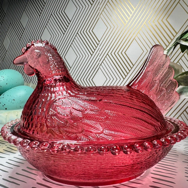 MCM Rare Vintage Indiana Glass Company Cranberry Glass Hen On Nest Candy Nut Dish