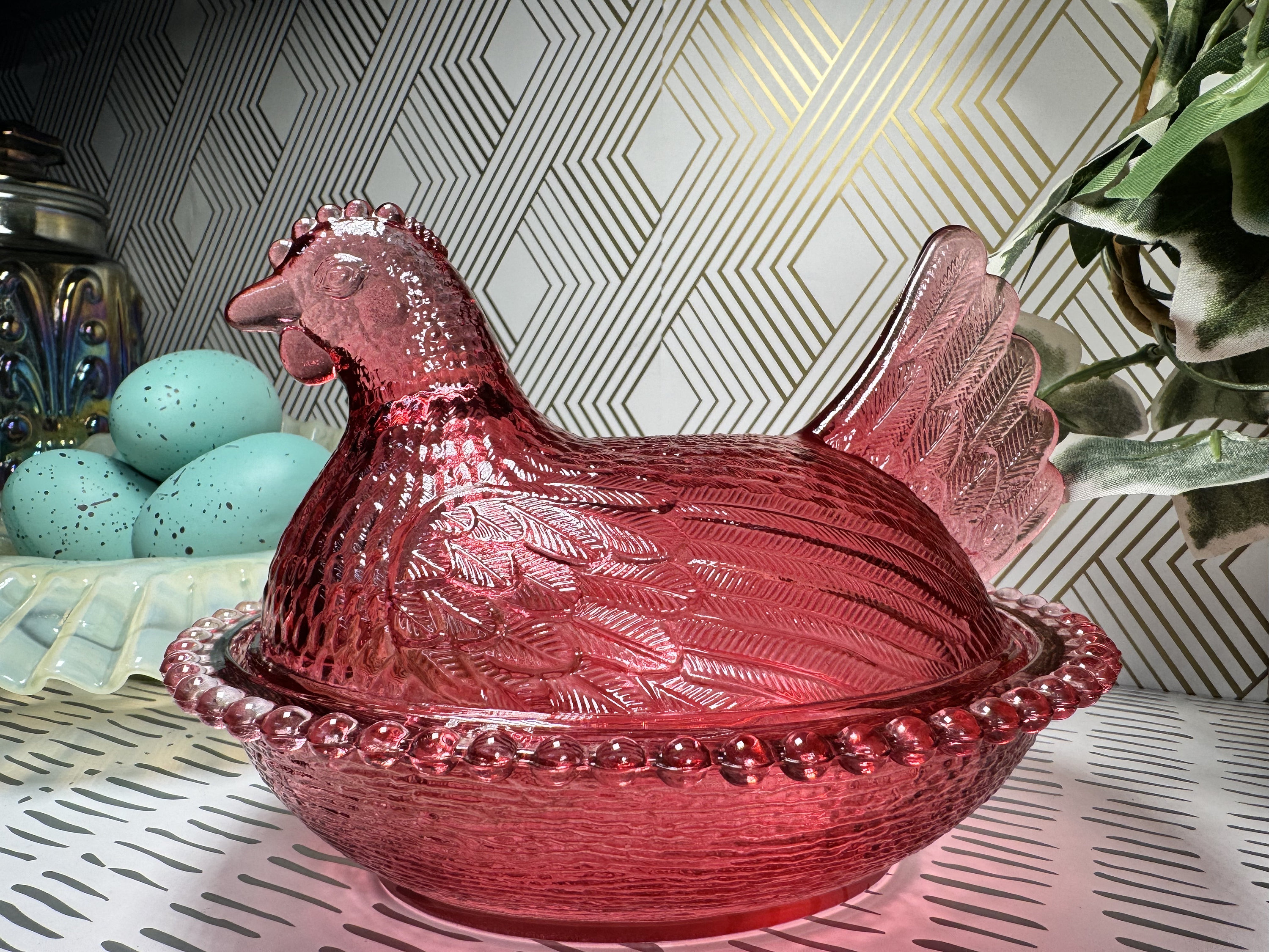 MCM Rare Vintage Indiana Glass Company Cranberry Glass Hen on Nest