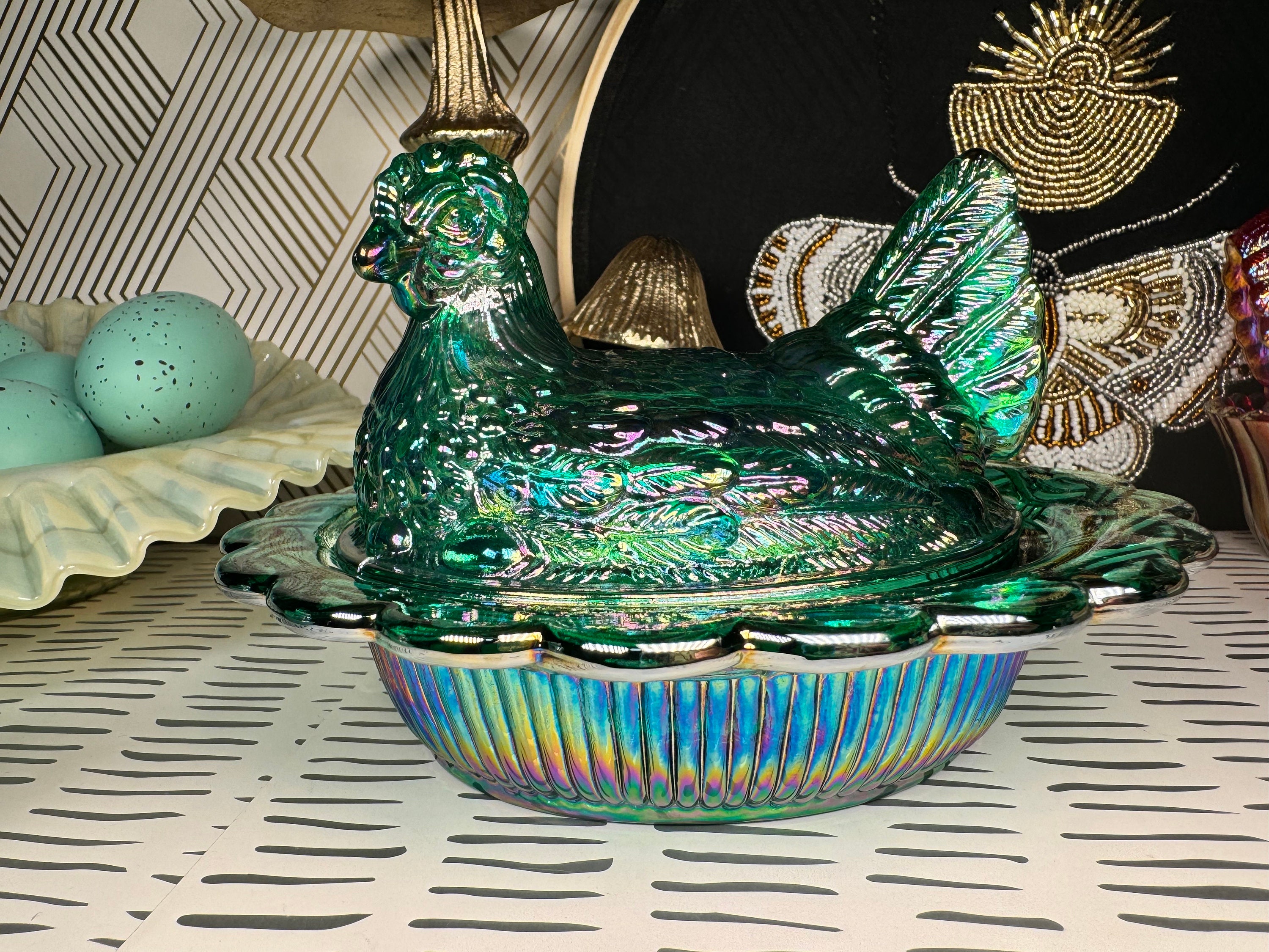 MCM Vintage Mosser Glass Green Iridized Carnival Glass Split Tail