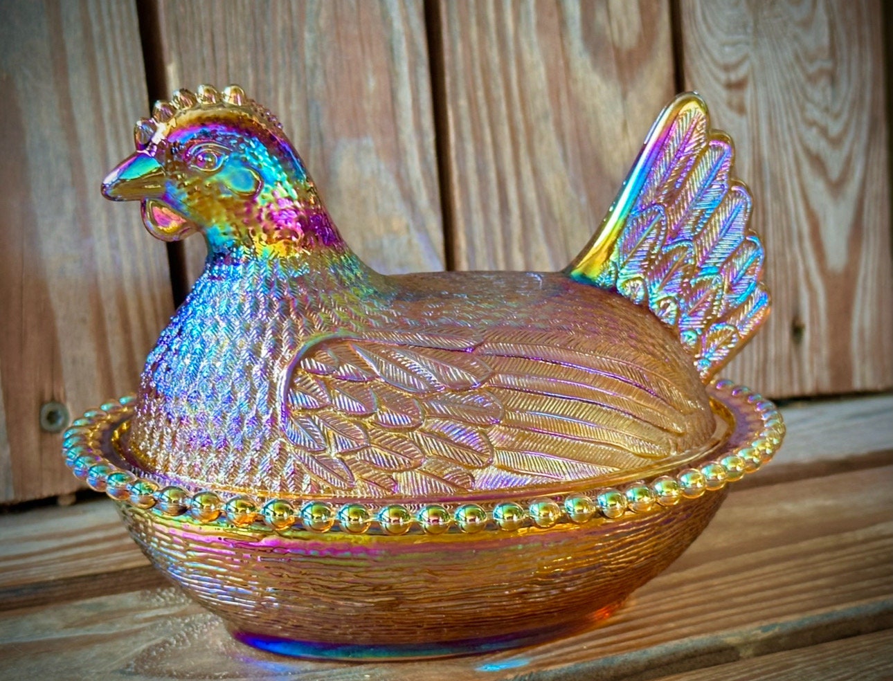MCM Vintage Indiana Glass Company Amber Carnival Glass Hen on Nest