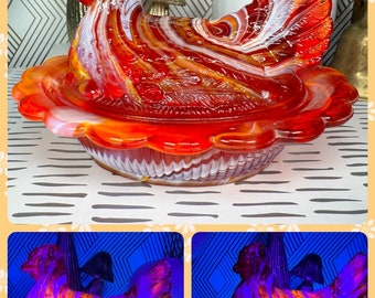 RARE VTG Mosser Glass Company Red Orange Slag Swirl Marble UV Split Tail Glass Hen On a Nest Selenium Cadmium Glows