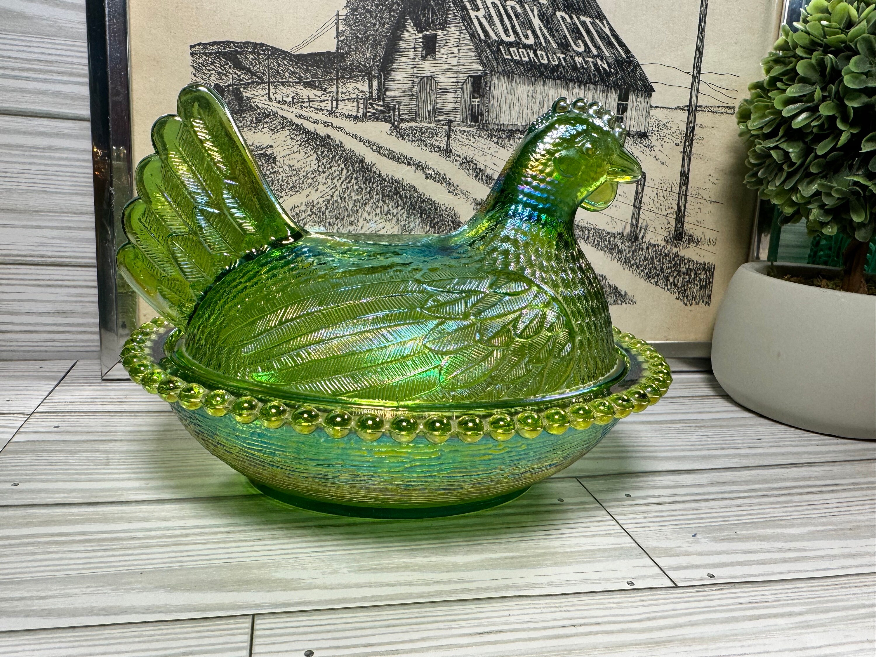 MCM Vintage Indiana Glass Company Lime Green Iridescent Carnival Hen on Nest Candy Nut Dish - Etsy
