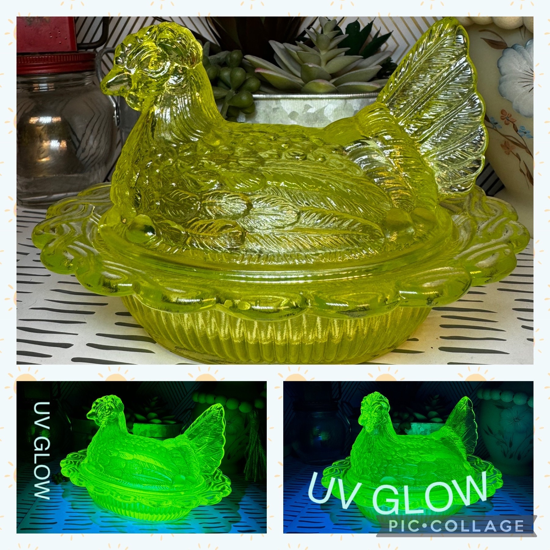 MCM Vintage Mosser Glass Yellow Vaseline Split Tail UV Glass Hen