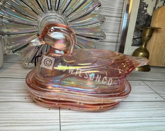 Rare MCM Vintage L.E. Smith Woodrose Lustre Pink Carnival Glass Mallard Duck Cigarette Box Covered Candy Nut Dish