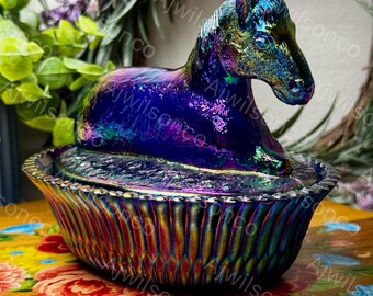 Xodas ゴブレット Goblet ボロシリケイトガラス Fire Horse Vintage Summit Art Glass Cobalt Carnival Glass Horse on Nest Candy